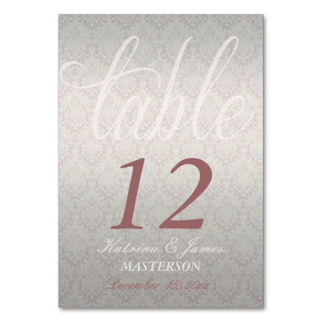 Silver Satin Rose Damask  Stylish Decor Table Card (Front)