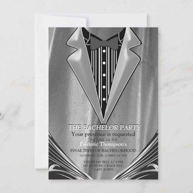 Silver Satin & Silver Flower Bachelor invitation (Front)