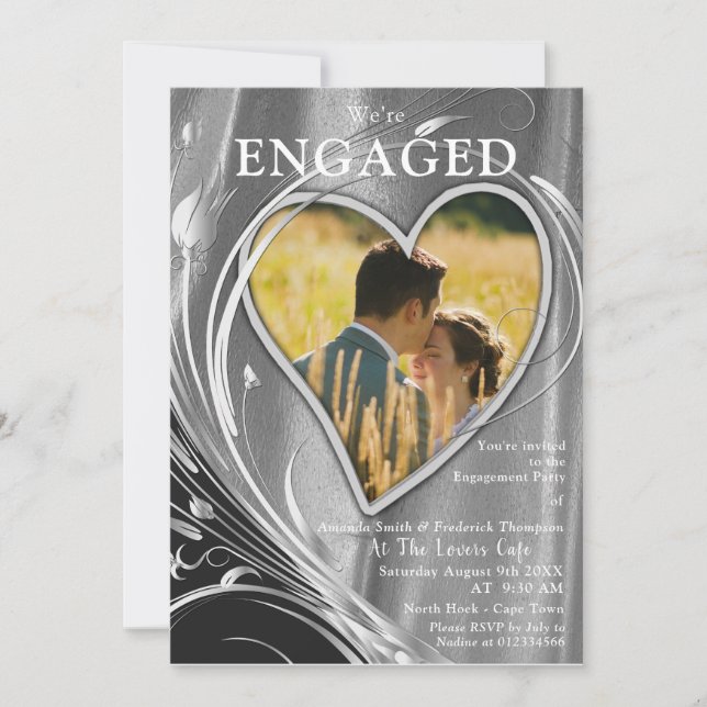 Silver Satin  & Silver flower Engagement Invitation (Front)