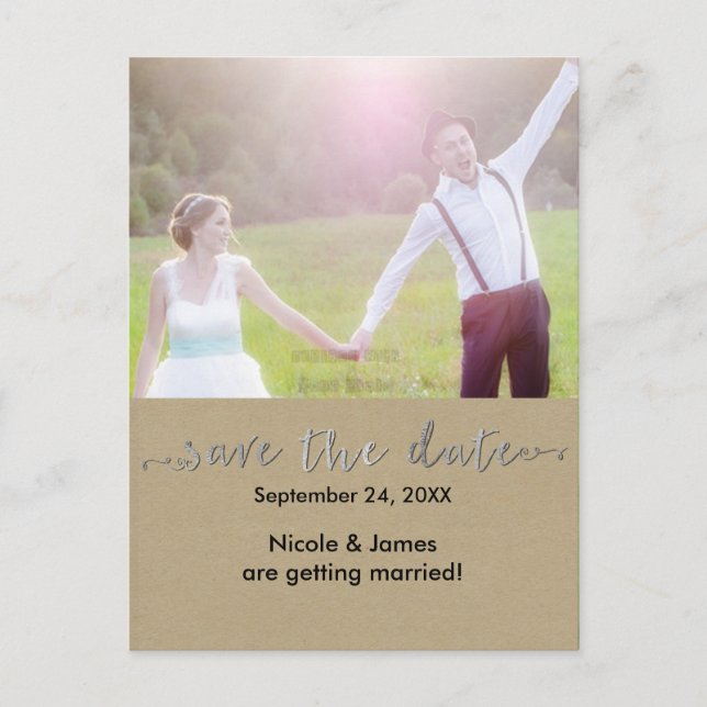 Silver SAVE THE DATE Rustic Photo Wedding Postcard (Front)