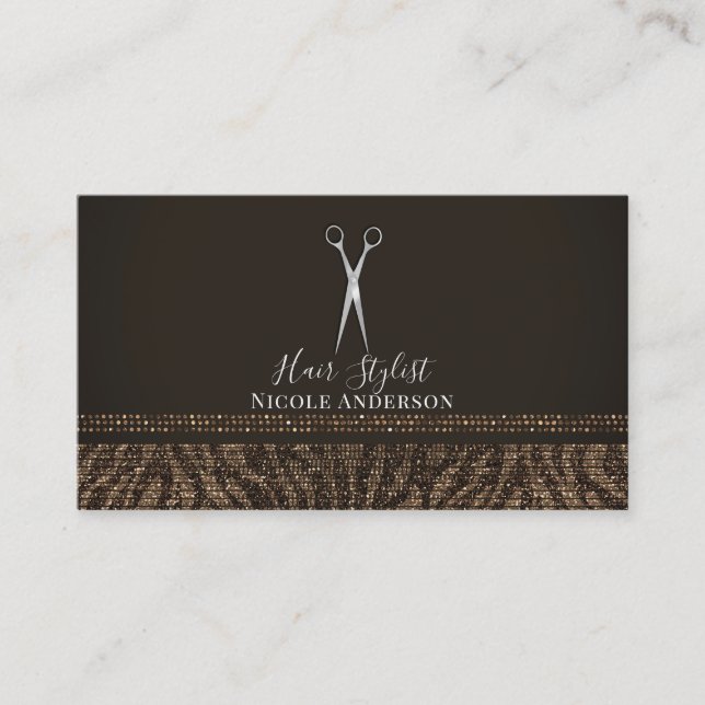 Silver Scissors Gold Brown Zebra Chic Hair Stylist Business Card (Front)