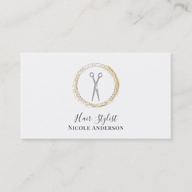 Silver Scissors Gold Sparkle Circle Hair Stylist Business Card (Front)