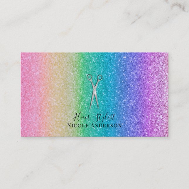 Silver Scissors Rainbow Glitter Hair Stylist Business Card (Front)