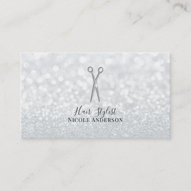 Silver Scissors White Glitter Chic Hair Stylist Business Card (Front)