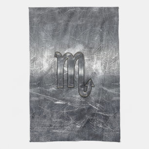Silver Scorpio Zodiac Sign Distressed Metal Style Tea Towel