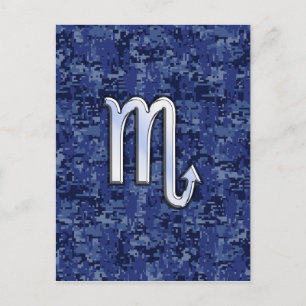 Silver Scorpio Zodiac Sign on Navy Blue Camo Postcard