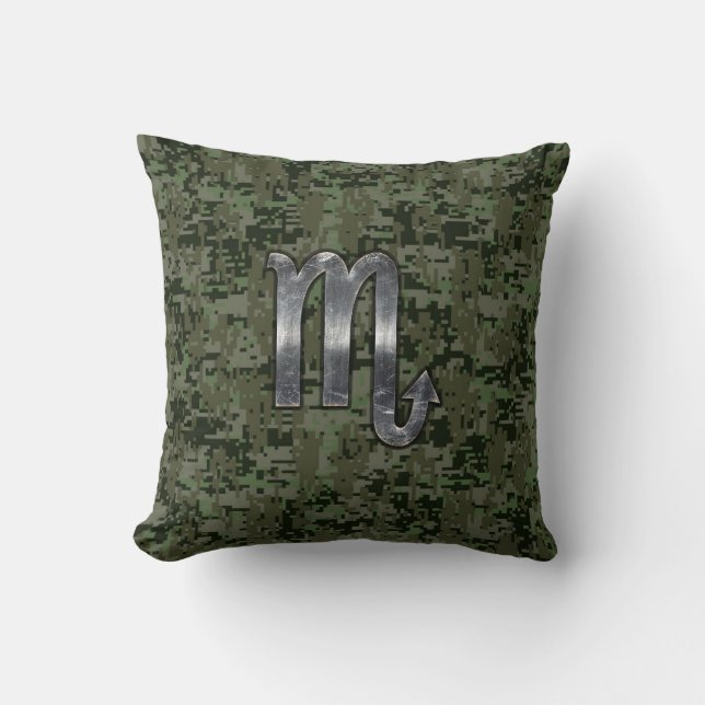 Silver Scorpio Zodiac Sign Woodland Digital Camo Cushion (Front)