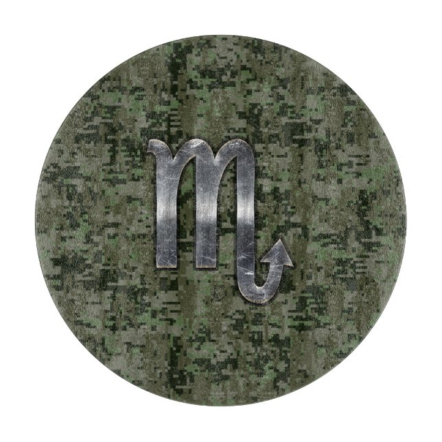 Silver Scorpio Zodiac Sign Woodland Digital Camo Cutting Board (Front)