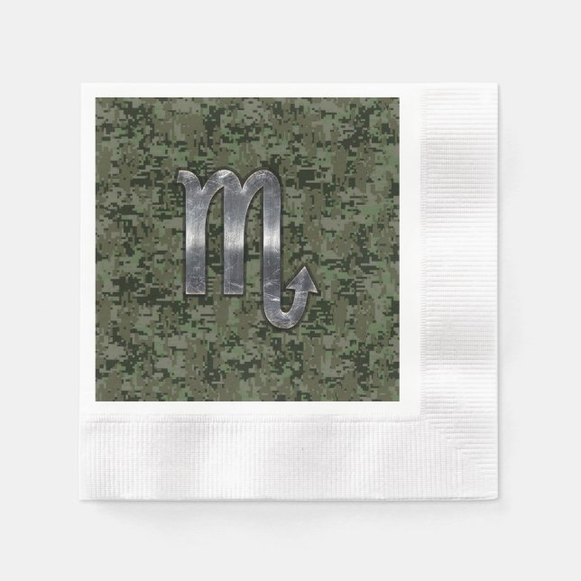 Silver Scorpio Zodiac Sign Woodland Digital Camo Napkin (Front)