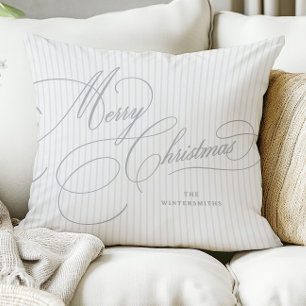Silver Script Christmas Decor Stripes Throw Pillow