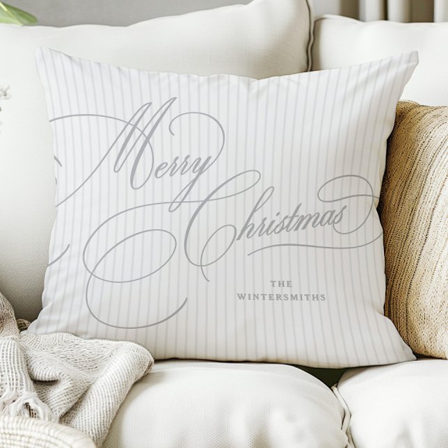 Silver Script Christmas Decor Stripes Throw Pillow (Creator Uploaded)