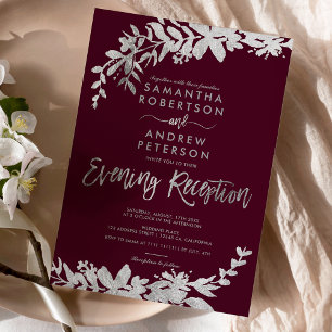 SIlver script floral burgundy evening reception Invitation