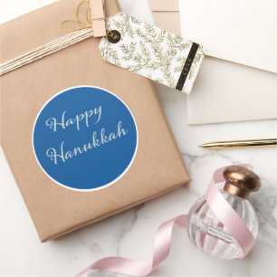 Silver Script Happy Hanukkah Tekhelet Blue  Classic Round Sticker