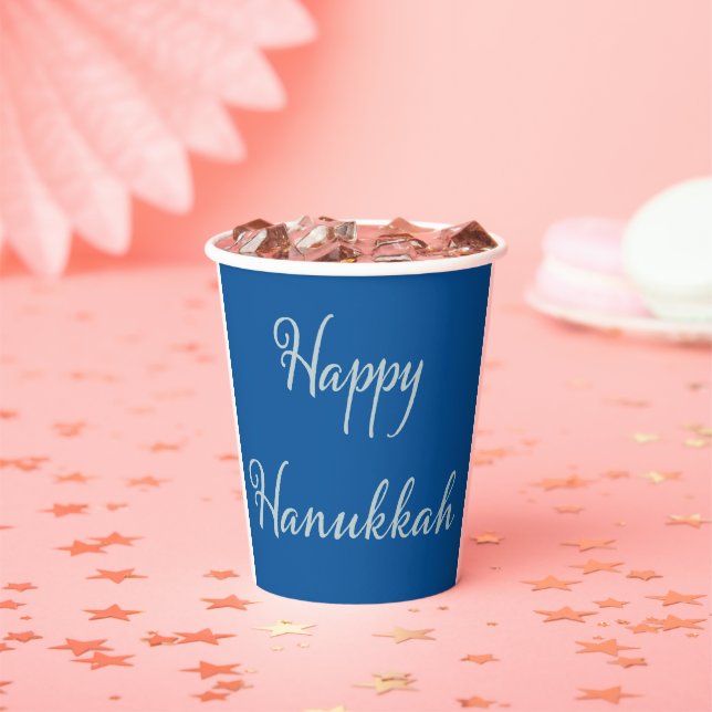 Silver Script Happy Hanukkah Tekhelet Blue Paper Cups (Insitu)