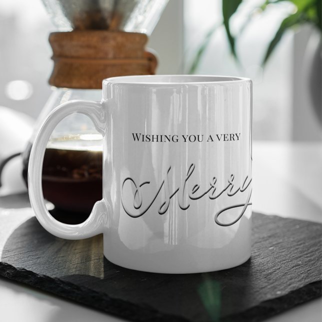 Silver Script Merry Christmas Custom Name Mug (Elegant Merry Christmas mug with silver script and personalized name design)