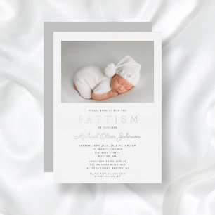 Silver Script Modern Grey Photo Boy Baptism