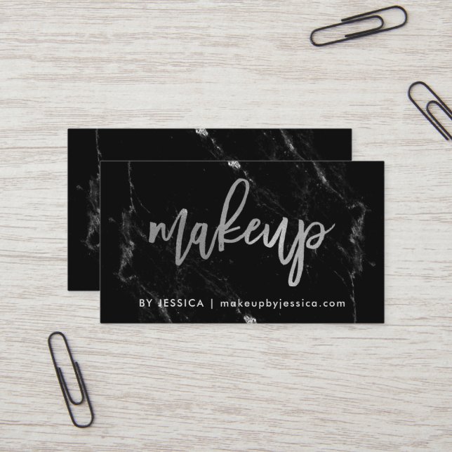 Silver Script on Black Marble | Makeup Business Card (Front/Back In Situ)