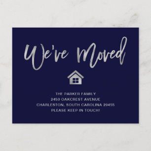 Silver Script on Navy Blue   Moving Announcement Postcard