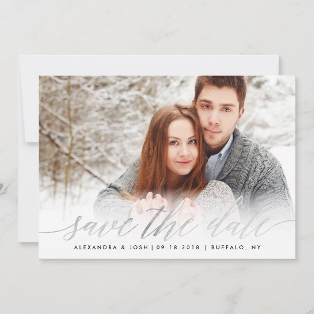 Silver Script Photo Save the Date in Faux Foil (Front)
