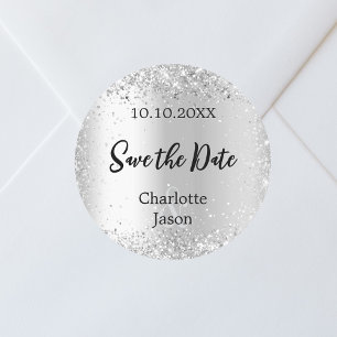 Silver script wedding Save the Date Classic Round Sticker