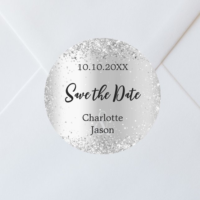 Silver script wedding Save the Date Classic Round Sticker (Creator Uploaded)