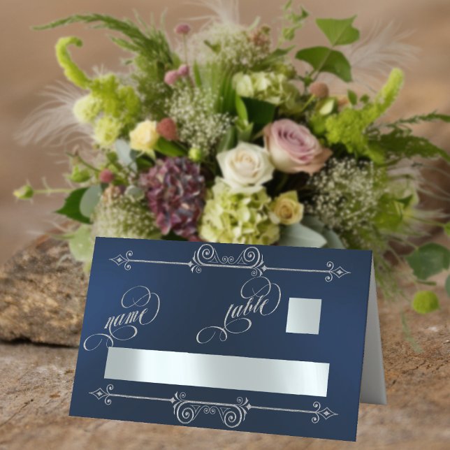 Silver Scroll Border & Calligraphy - Blue Place Card (Creator Uploaded)