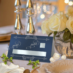 Silver Scroll Border & Calligraphy - Blue Place Card