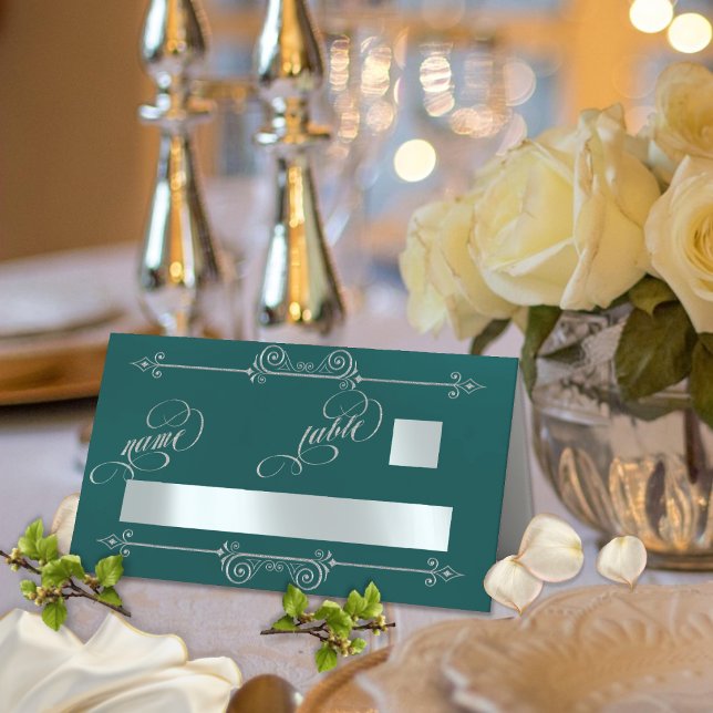 Silver Scroll Border & Calligraphy - Teal Place Card (Creator Uploaded)