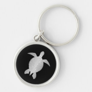 Silver Sea Turtle Black Background Key Ring