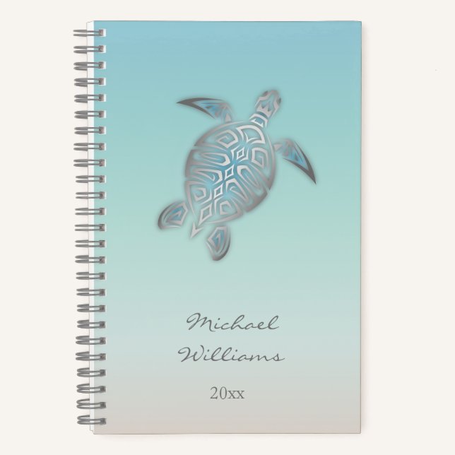 Silver Sea Turtle Coastal Add Name And Year  Notebook (Front)