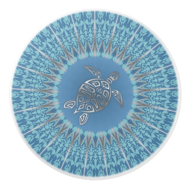 Silver Sea Turtle Mandala Turquoise Geometric Ceramic Knob (Front)