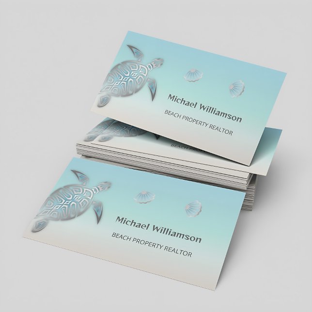 Silver Sea Turtle Turquoise Coastal Business Card (Creator Uploaded)