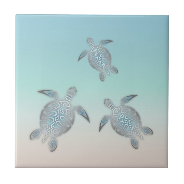 Silver Sea Turtle Turquoise Maritime Nautical Tile (Front)