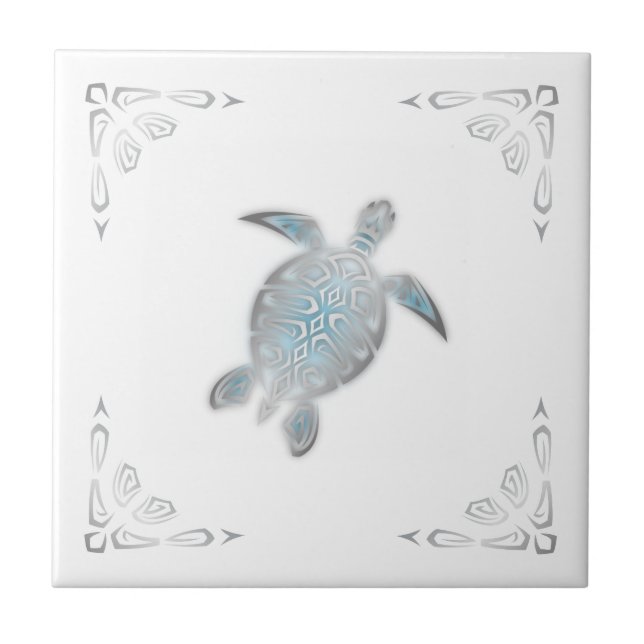 Silver Sea Turtle White Coastal  Ceramic Tile (Front)