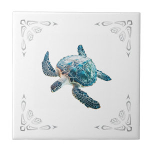 Silver Sea Turtle White Coastal  Ceramic Tile