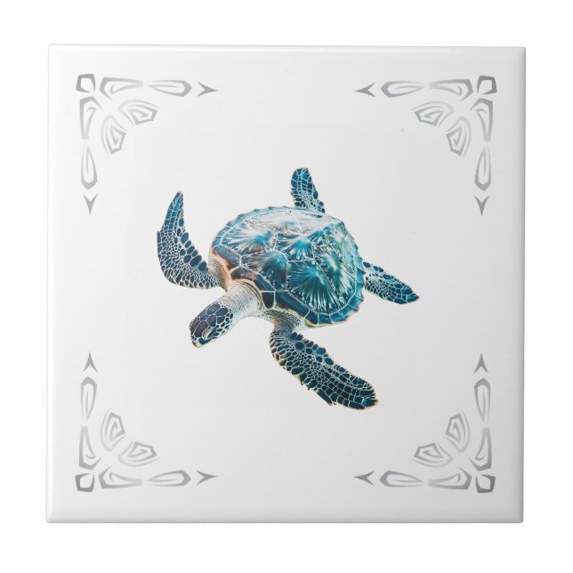 Silver Sea Turtle White Coastal  Ceramic Tile (Front)