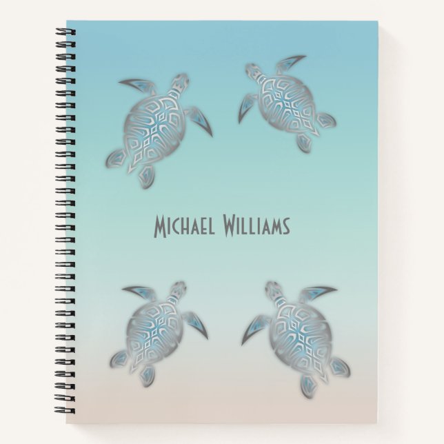 Silver Sea Turtles Beach Style Personalise Notebook (Front)