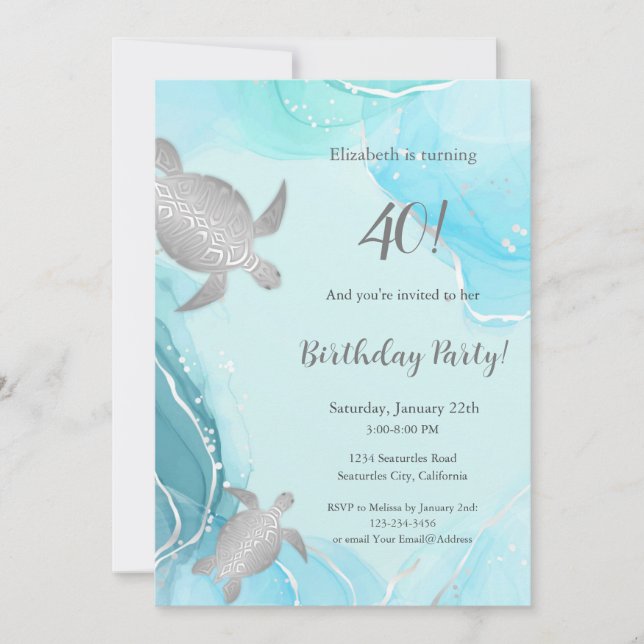 Silver Sea Turtles |  Blue Ink | Birthday Invitation (Front)