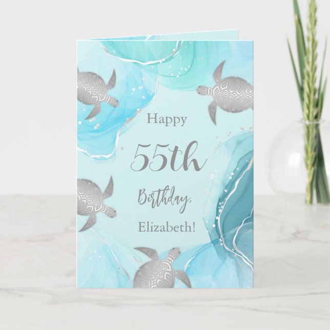 Silver Sea Turtles Blue Ink Custom Birthday Card (Front)
