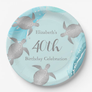 Silver Sea Turtles Blue Ink    Custom Birthday Pap Paper Plate