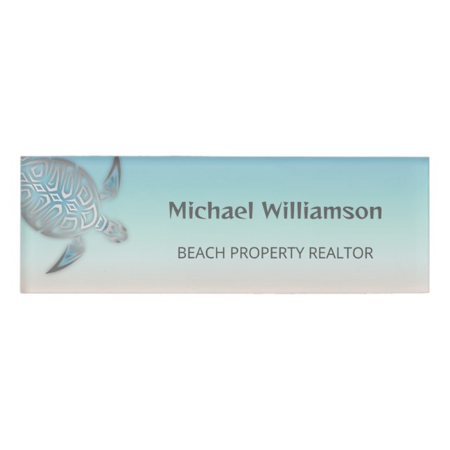 Silver Sea Turtles Turquoise Coastal Name Tag (Front)