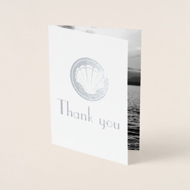silver seashell - Thank you -add wedding photo Foil Card (Front)