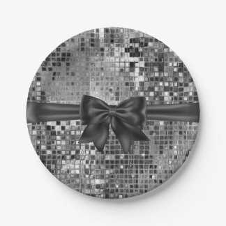 Silver Sequin and Black Bow Party Plates