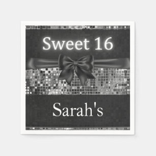 Silver Sequin and Black Bow Sweet 16 Napkins