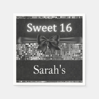 Silver Sequin and Black Bow Sweet 16 Napkins