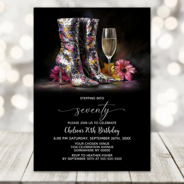 Silver Sequin Boots 70th Birthday Party Invitation (Creator Uploaded)