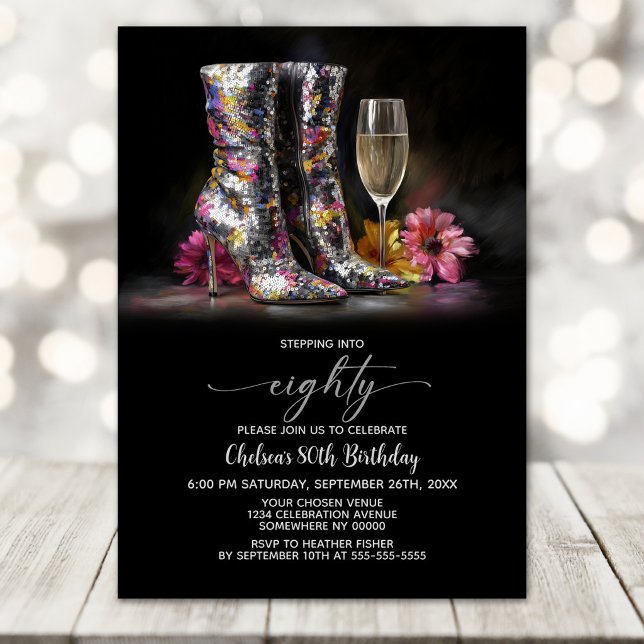 Silver Sequin Boots 80th Birthday Party Invitation (Creator Uploaded)