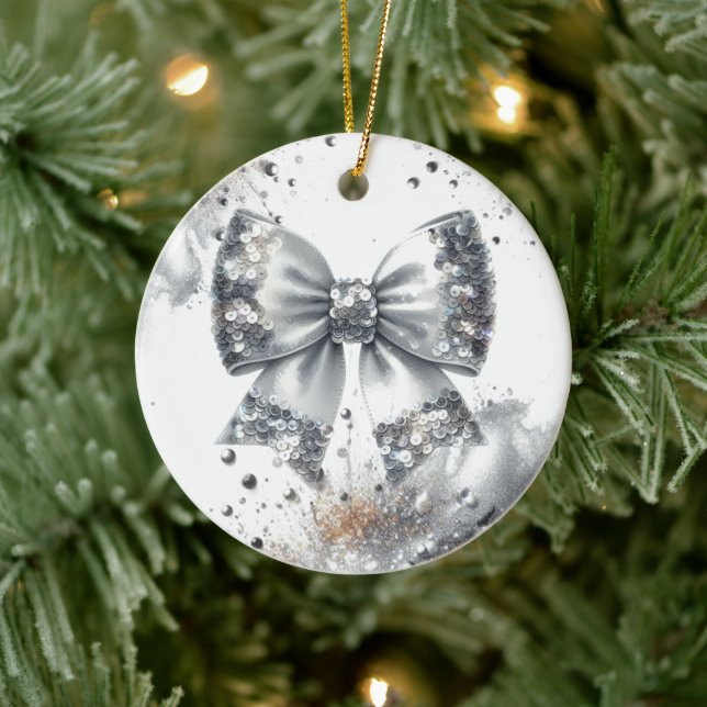 Silver Sequin Bow Glam Radiance Ceramic Ornament (Tree)