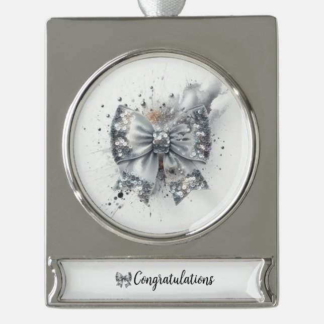 Silver Sequin Bow Radiant Congratulations Silver Plated Banner Ornament (Front)