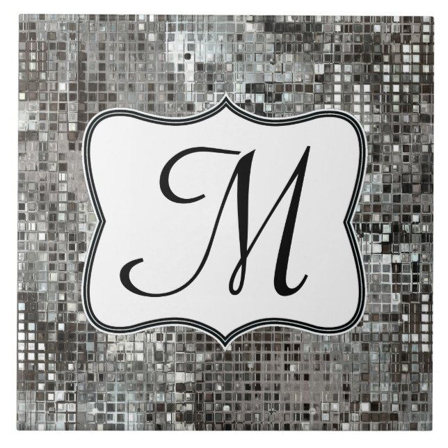 Silver Sequin Dazzle Glitz Monogram Display Tile (Front)